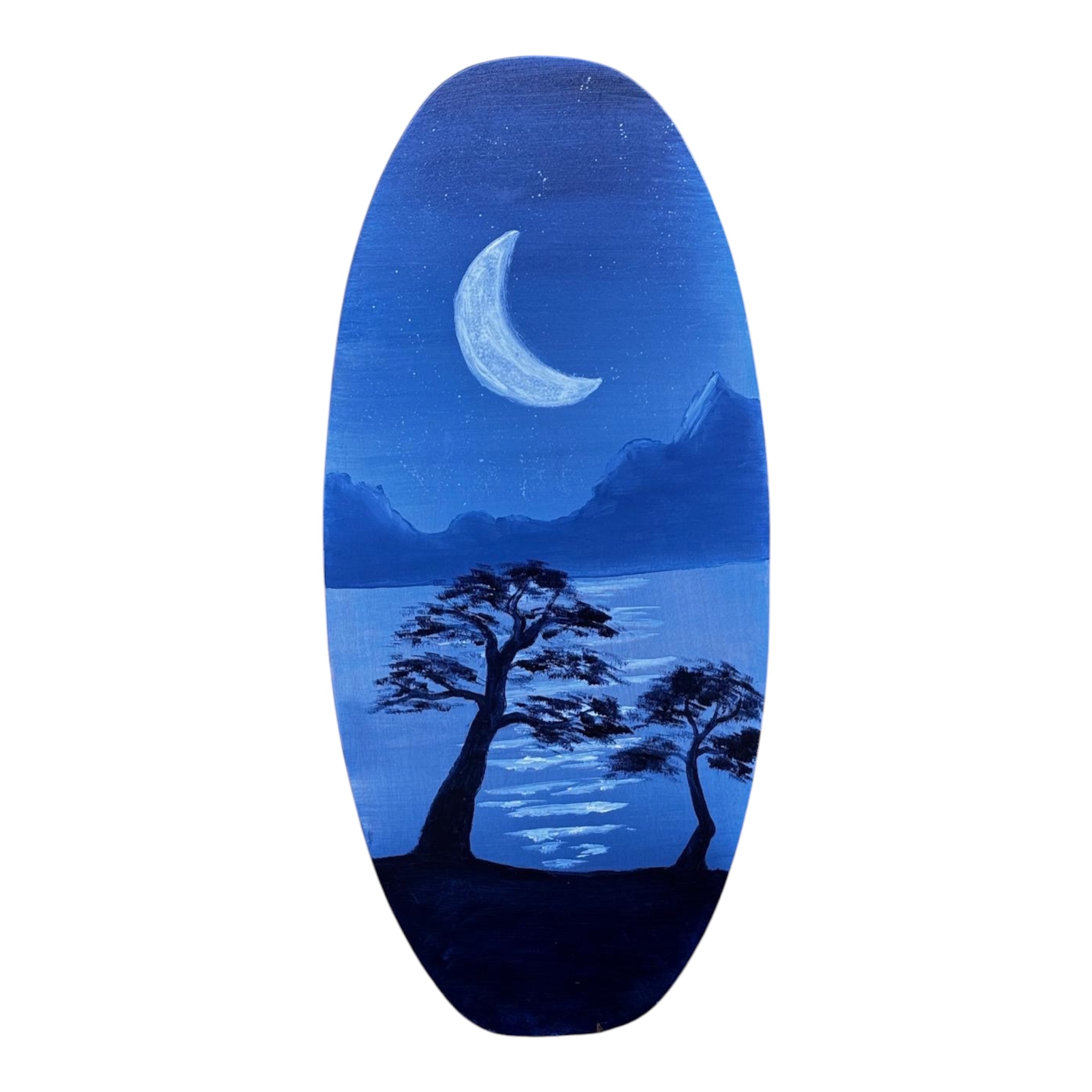 Custom skimboard painted with a blue moonlit lake scene and two silhouetted trees