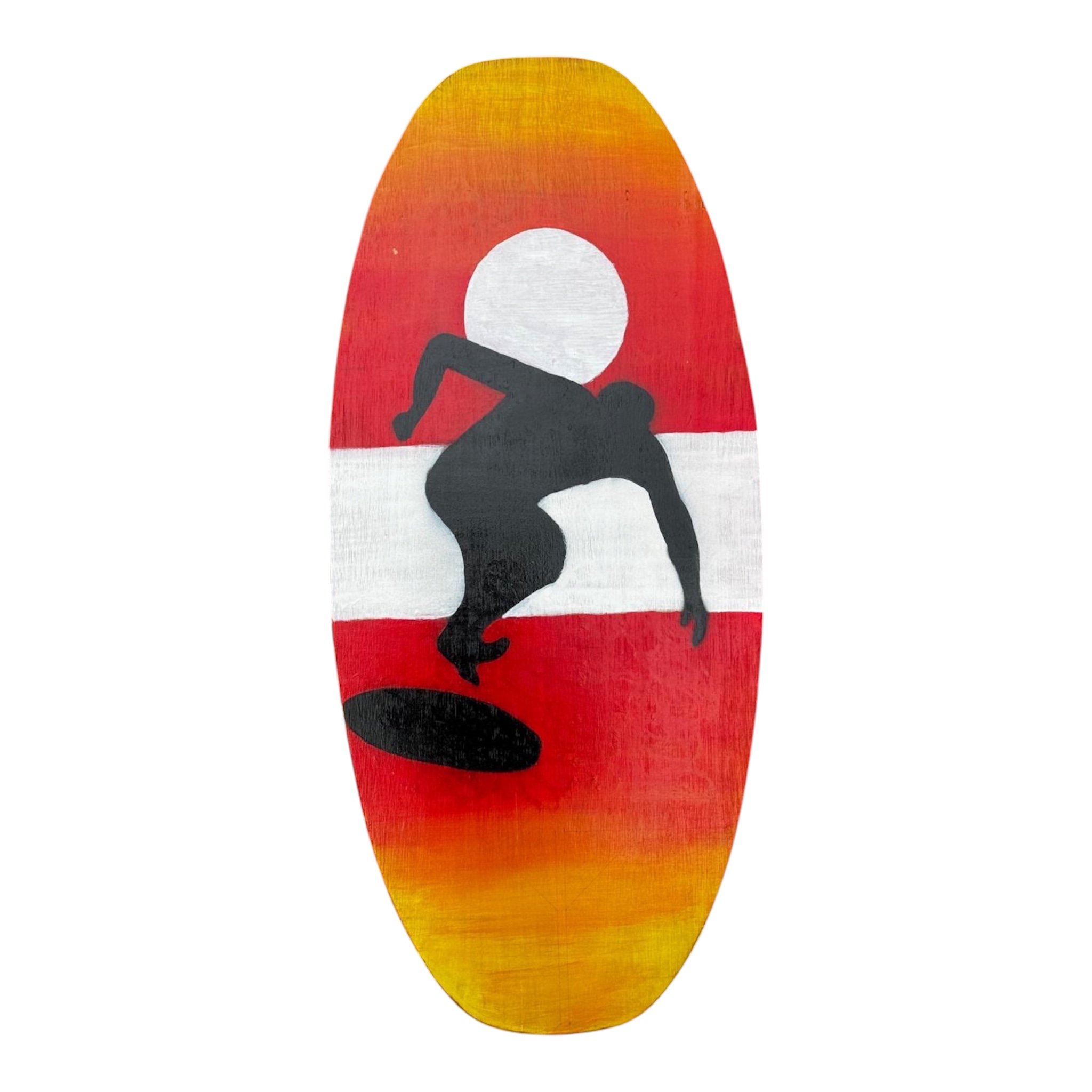 Custom skimboard painted with a silhouette of a person skimboarding at sunset