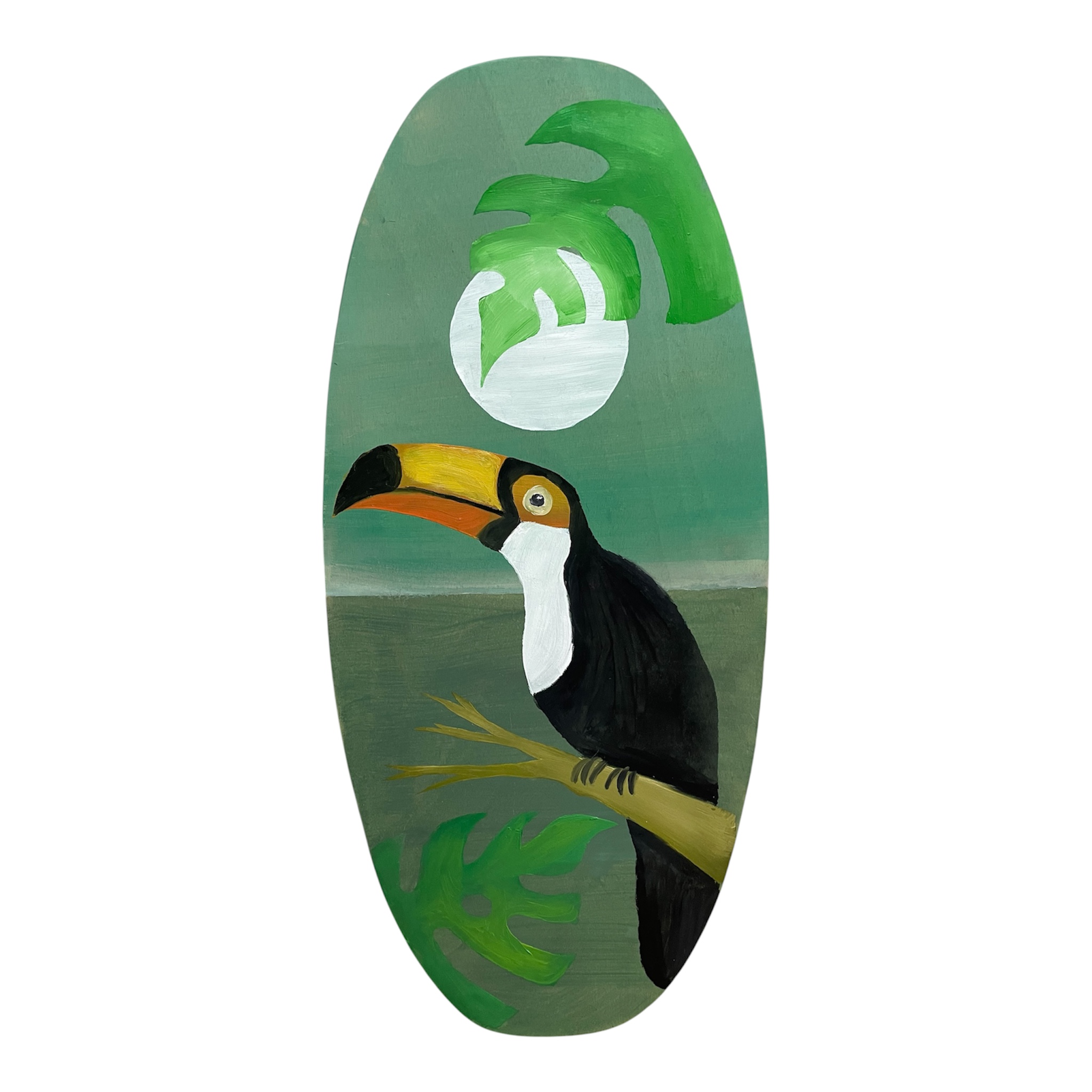 Custom skimboard painted with a toucan on a branch in front of a green jungle scene