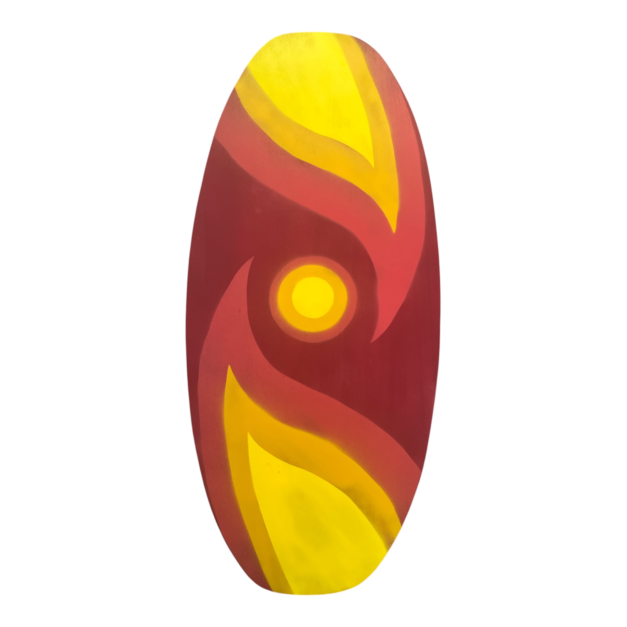 Fire element skimboard with a red and yellow flame swirl and a sun at the center